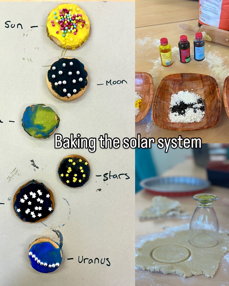 Collage titled Baking the solar system, showing decorated biscuits, food colouring and dough being cut out