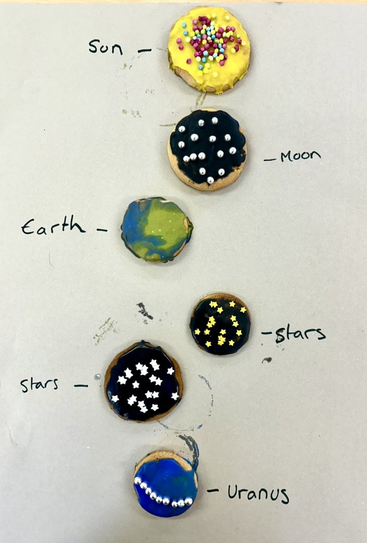 Biscuits decorated as the sun, moon, Earth, stars and Uranus, each labelled by hand
